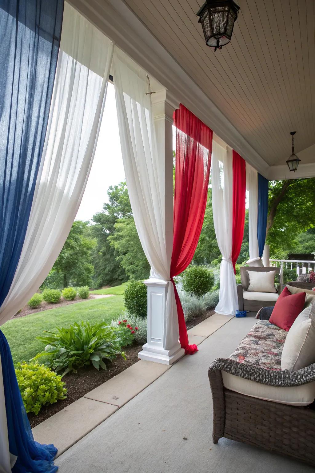 Outdoor curtains add a touch of elegance and privacy to the porch.