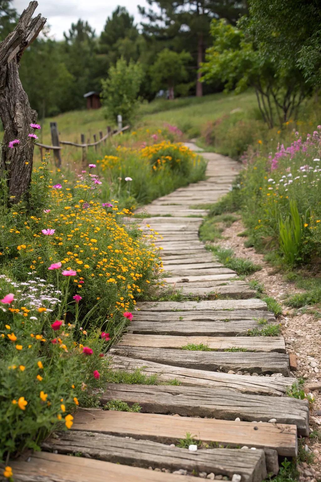 Achieve a rustic look with wooden plank pathways.