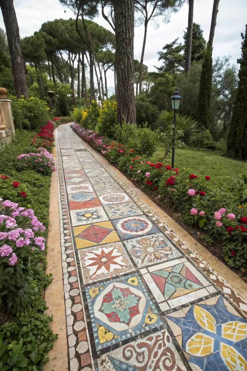 Colorful focal point with mosaic pavement