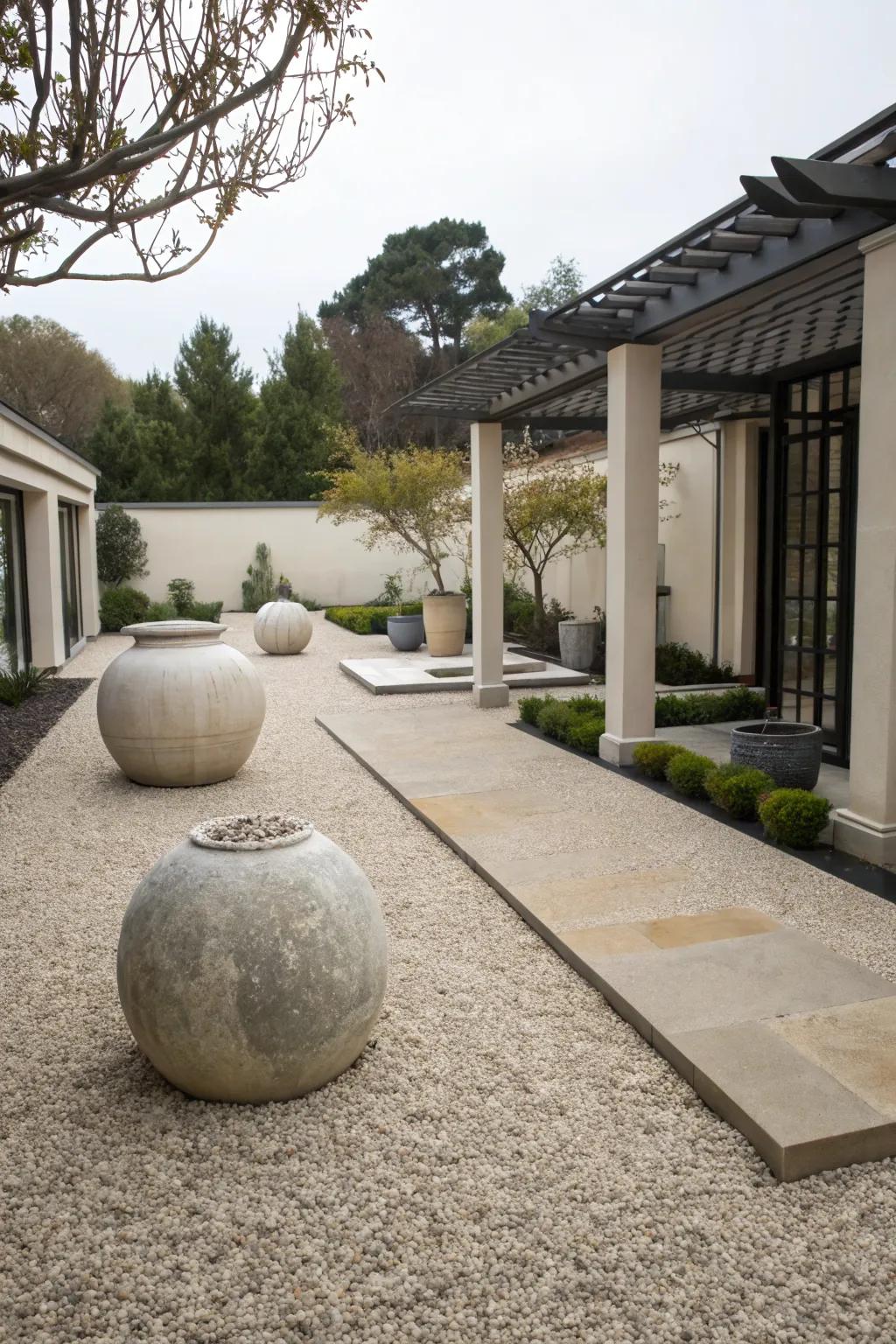 A gravel patio featuring sculptural elegance and simplicity.