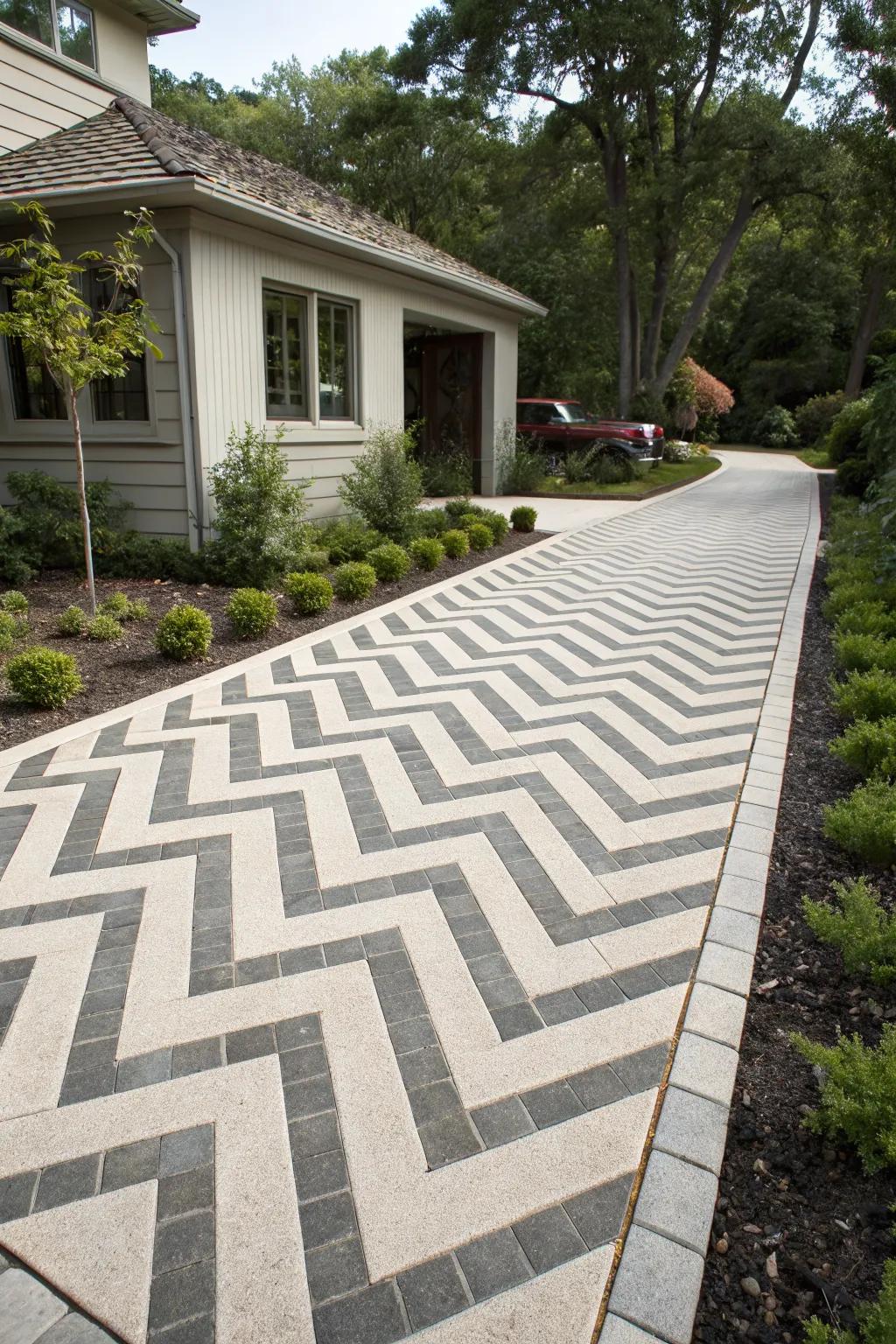 A bold chevron pattern adds dynamic movement to the driveway.