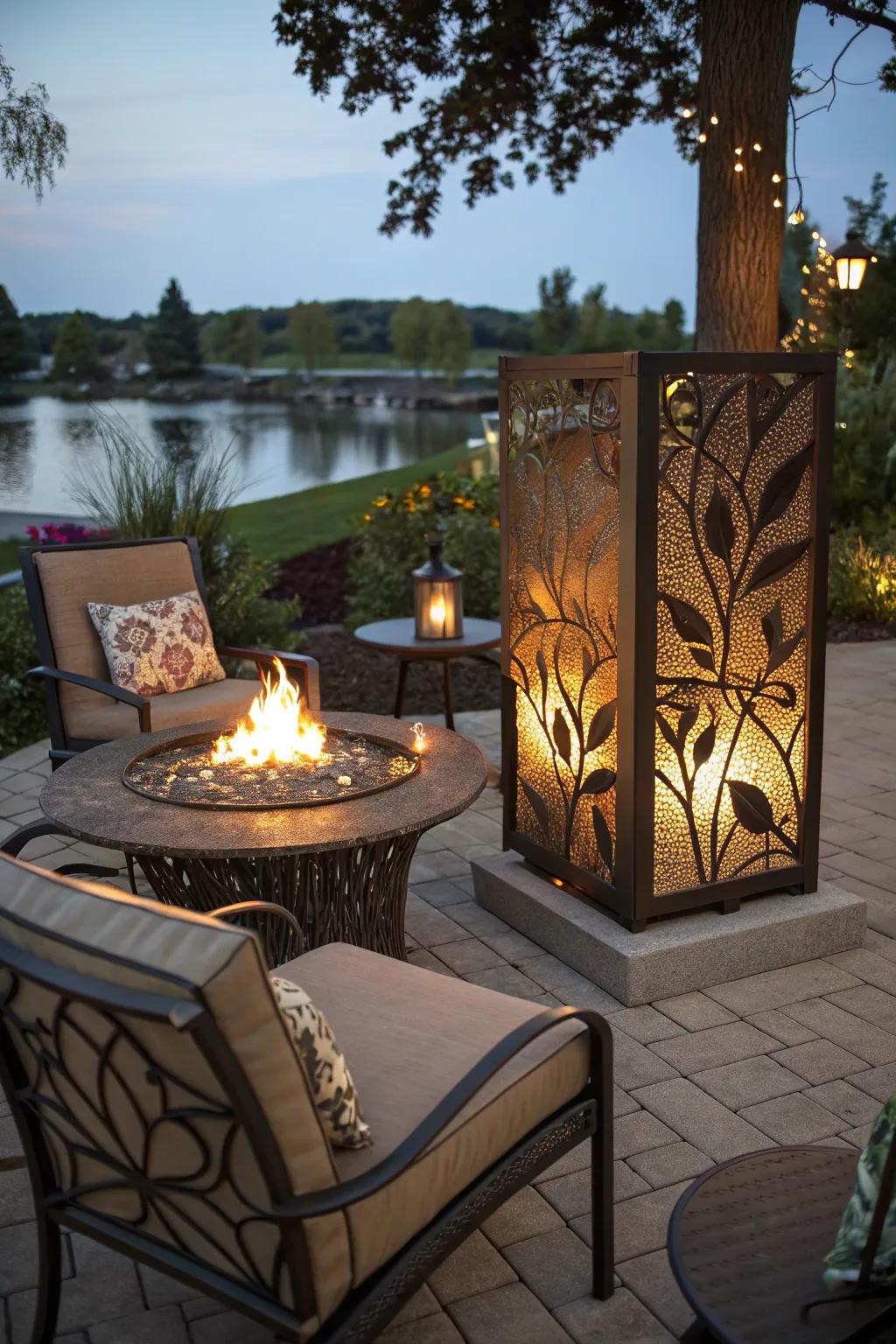 A fire pit adorned with intricate artistic metalwork accents.