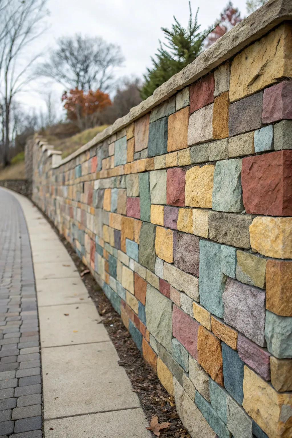 Unique patchwork stone design for a paver retaining wall.