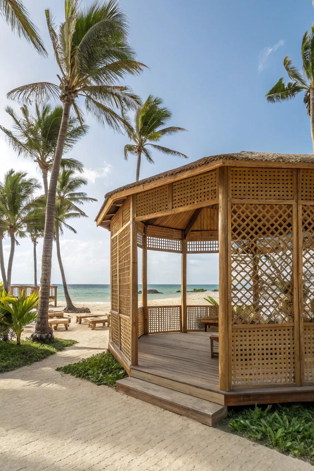 Woven rattan walls creating a tropical, breezy ambiance in a pavilion.