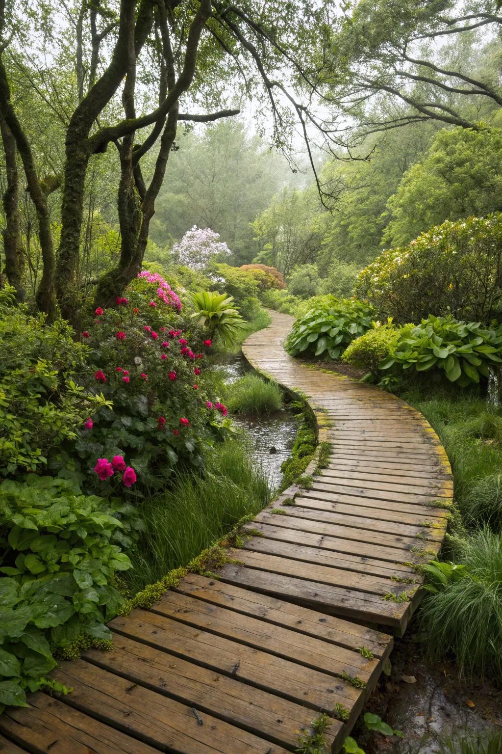 A practical and beautiful boardwalk path for damp gardens.