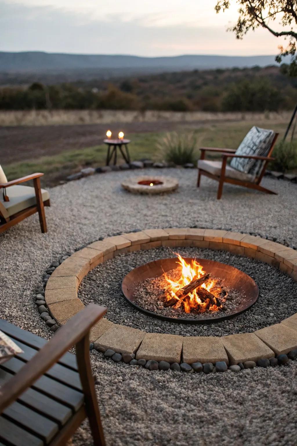 A fire pit on pea gravel creates a cozy gathering spot.