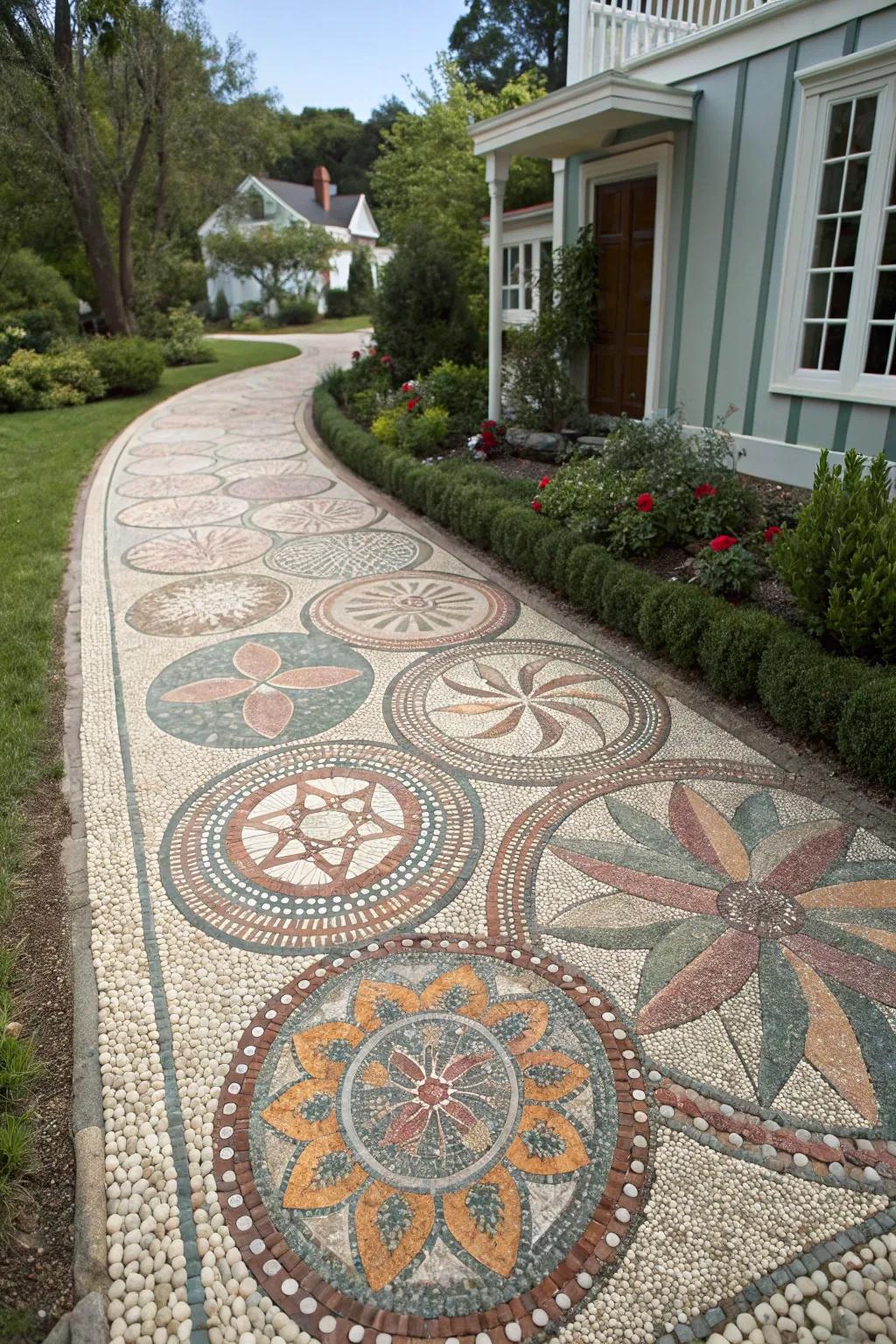 A mosaic pea gravel driveway with artistic patterns.