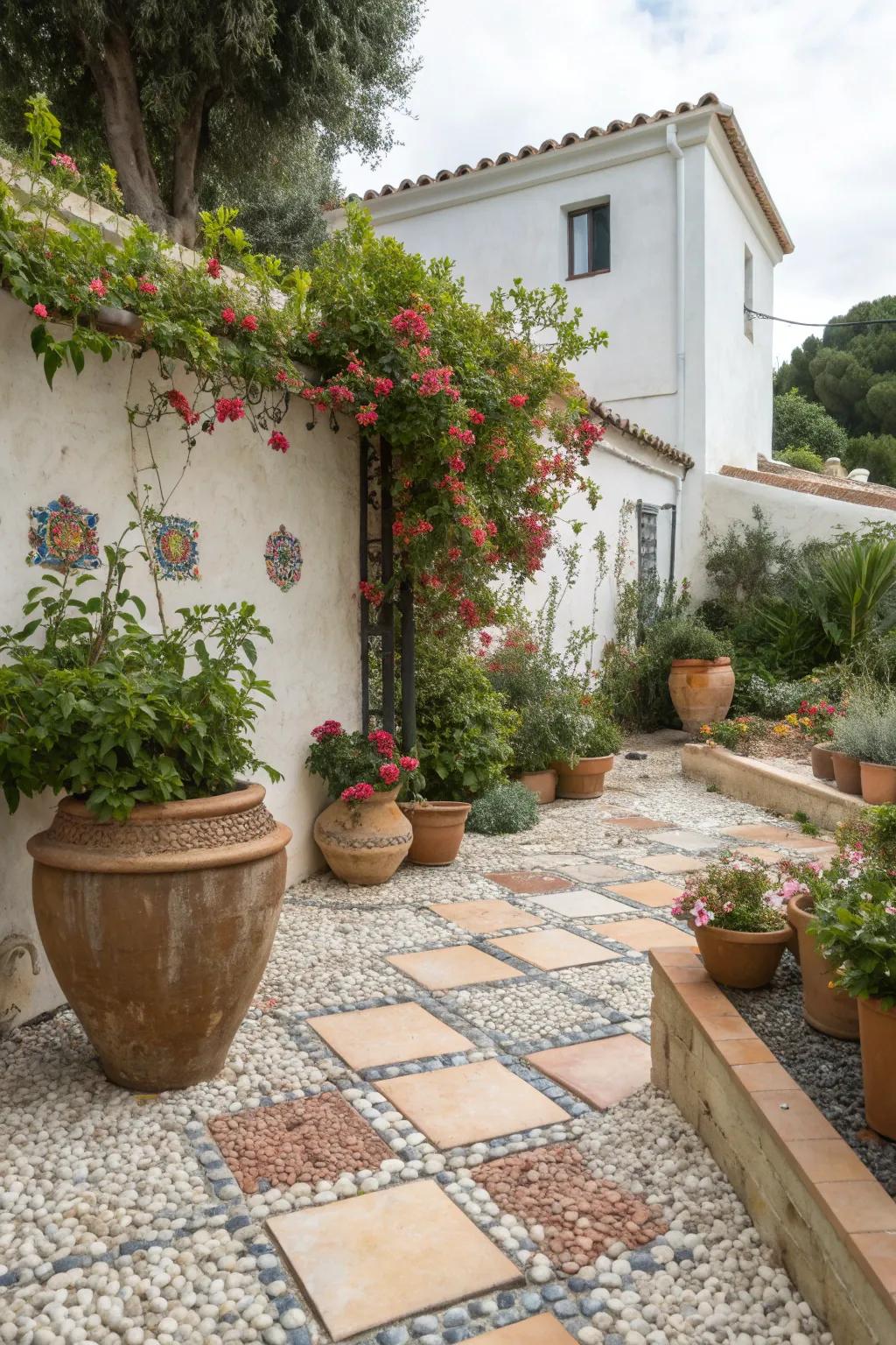 Mediterranean flair brings a touch of vacation to this patio.