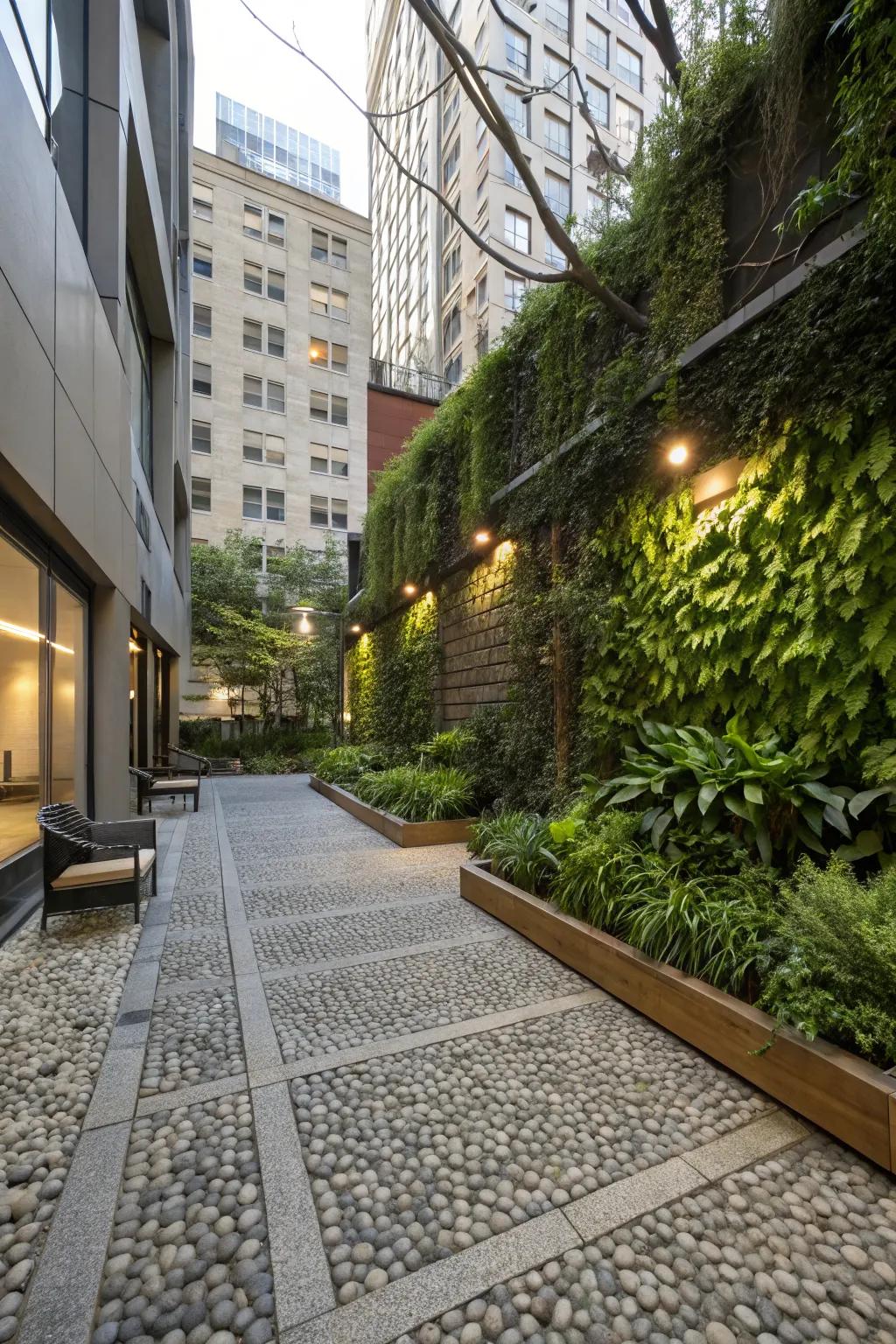 Vertical gardens transform pebble patios into urban oases.