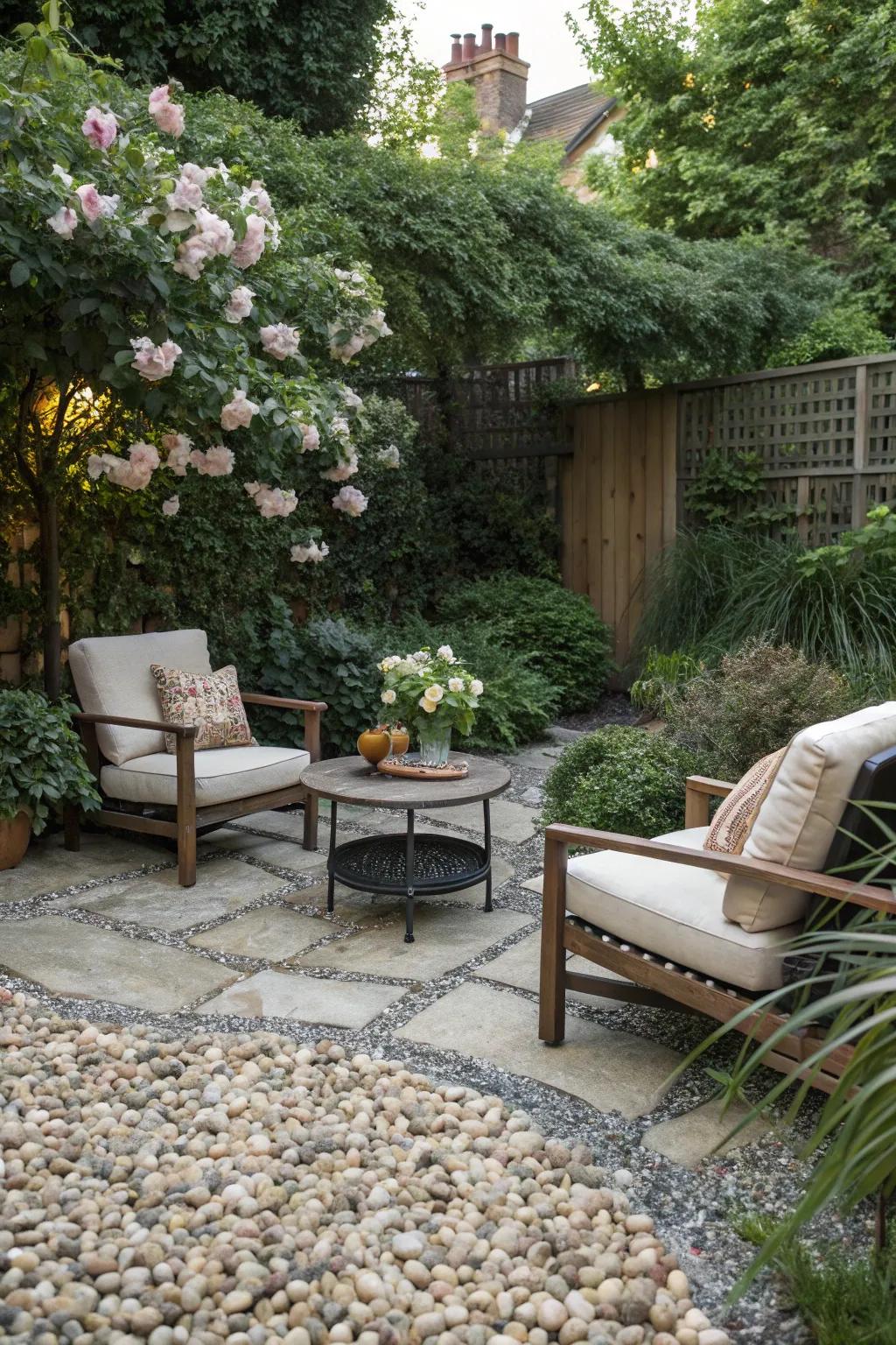 Pebbles add a cozy touch to garden seating areas.
