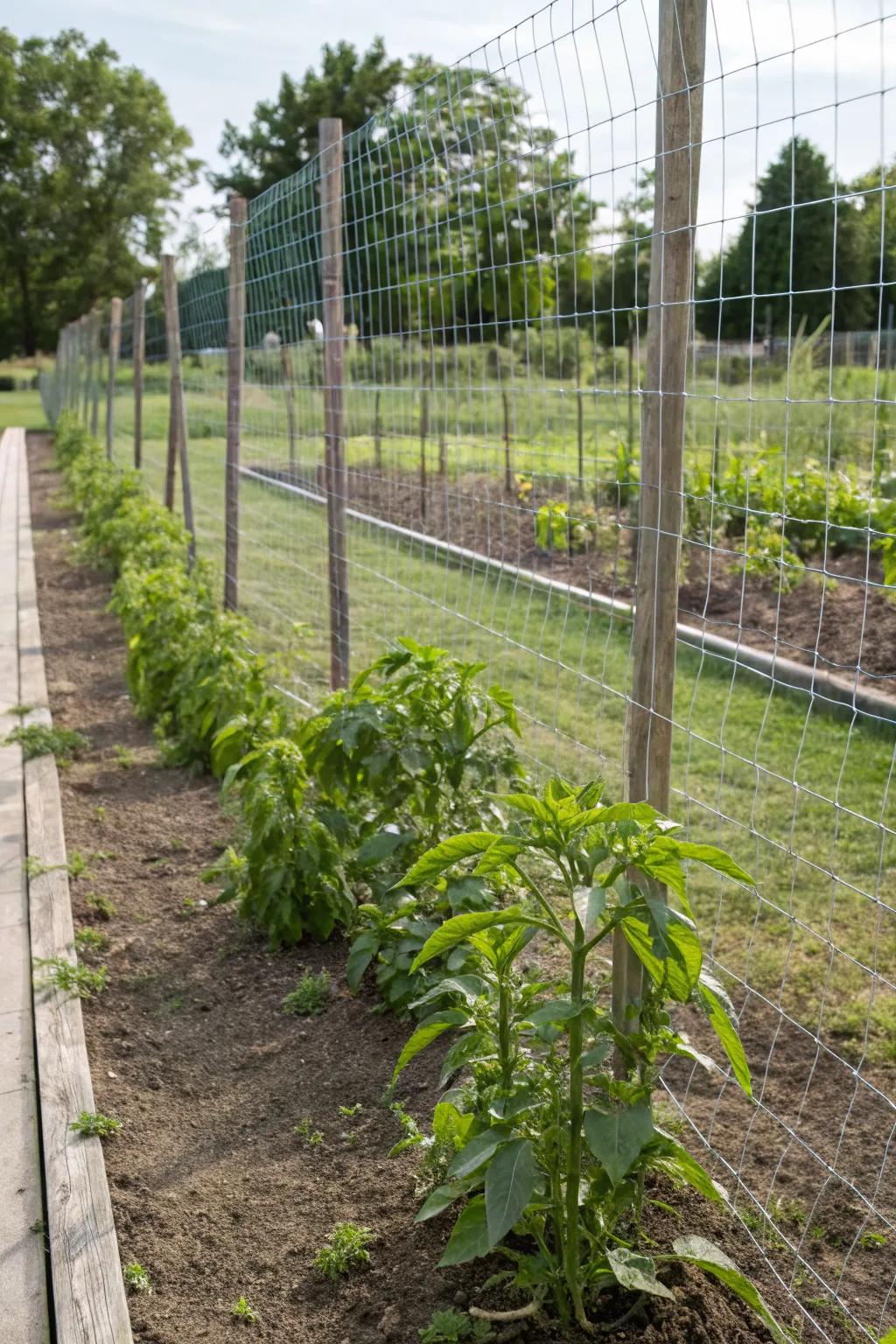 Wire mesh fences offer versatile support for sprawling peppers.