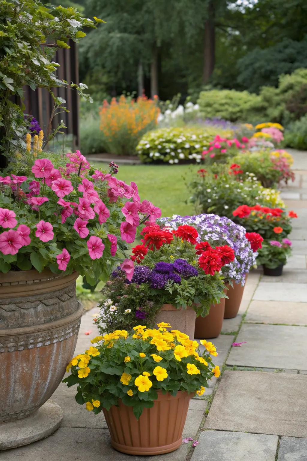 Container gardening adds flexibility and focal points.