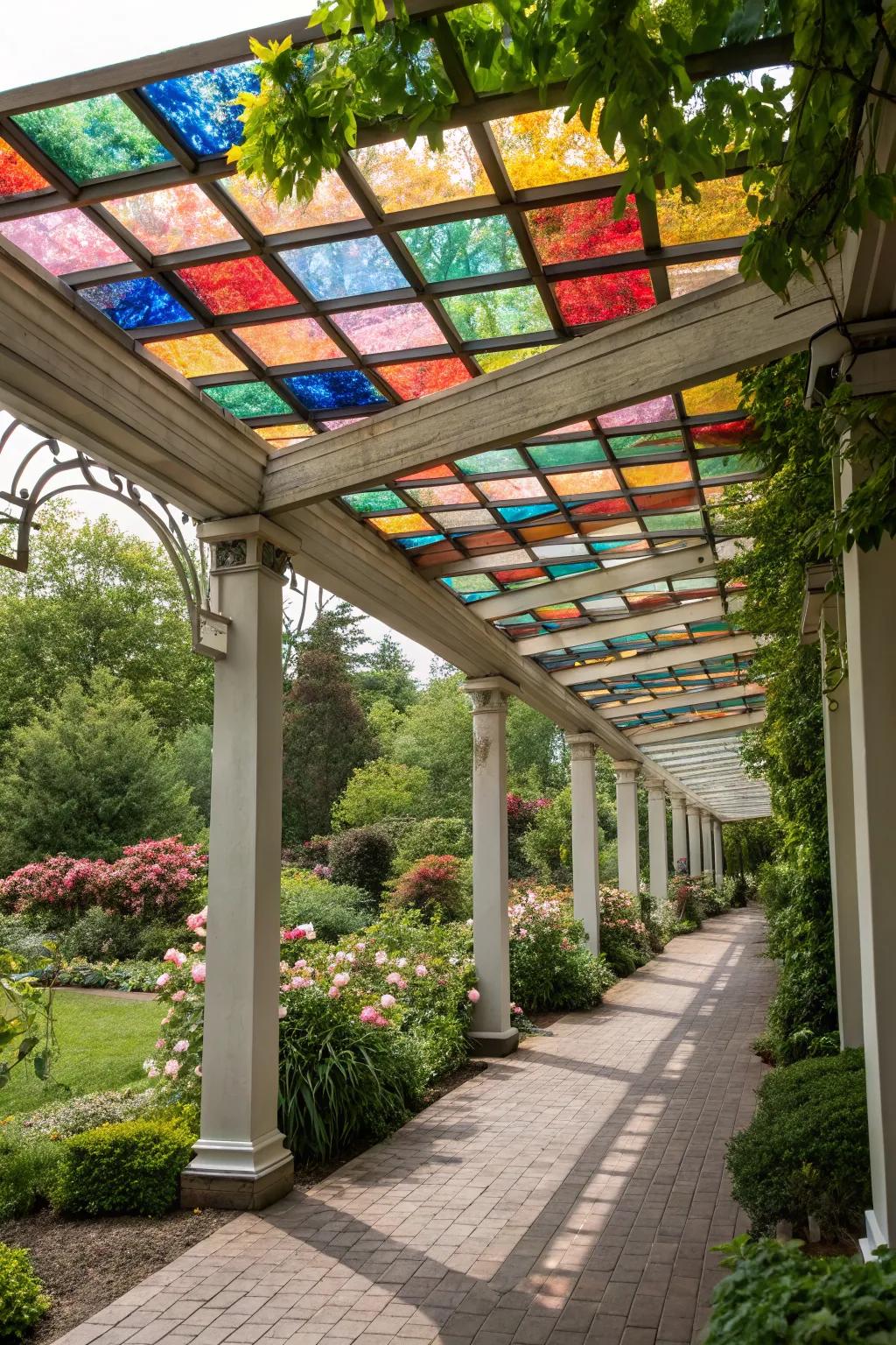 Colored glass panels create a stunning stained glass effect.