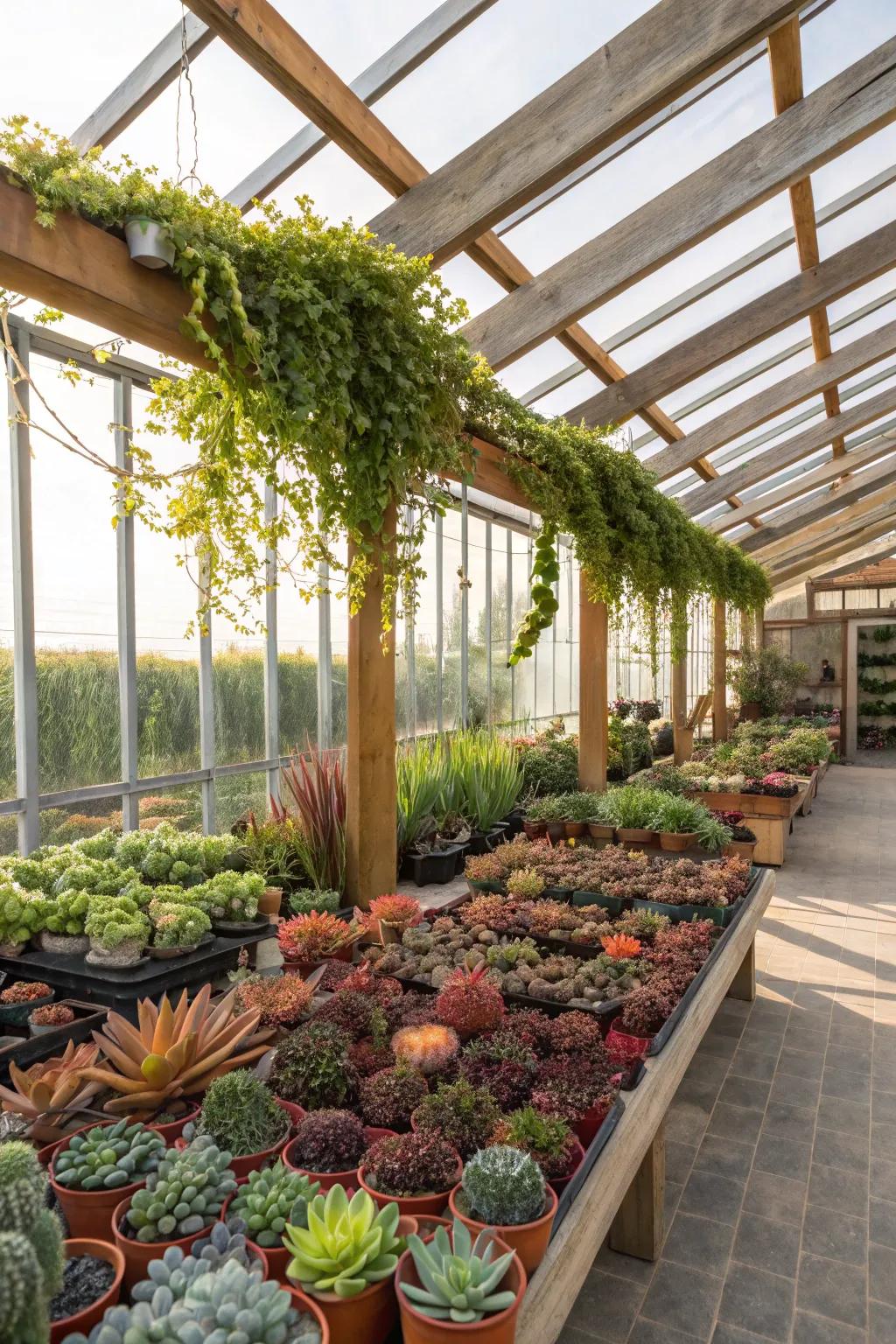A succulent sanctuary within a pergola greenhouse, full of variety.