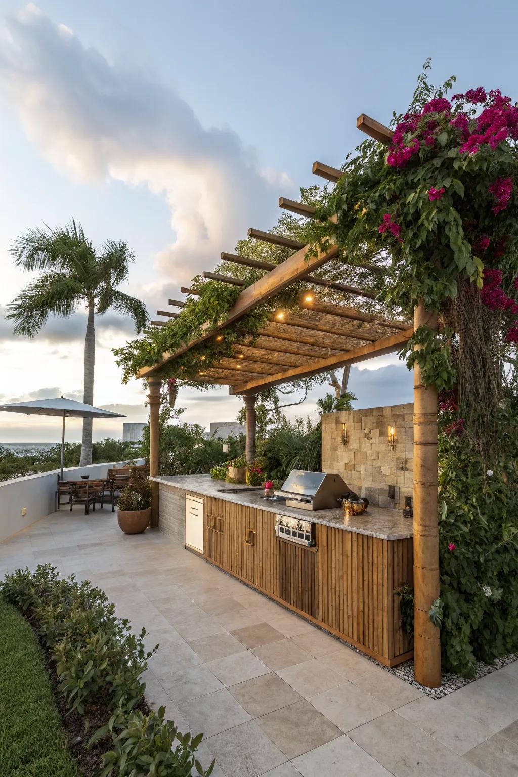 Bamboo accents lend a tropical touch to your pergola.