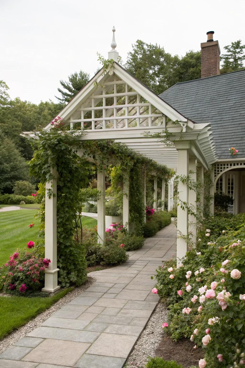 A gable-roofed pergola for grandeur and style.