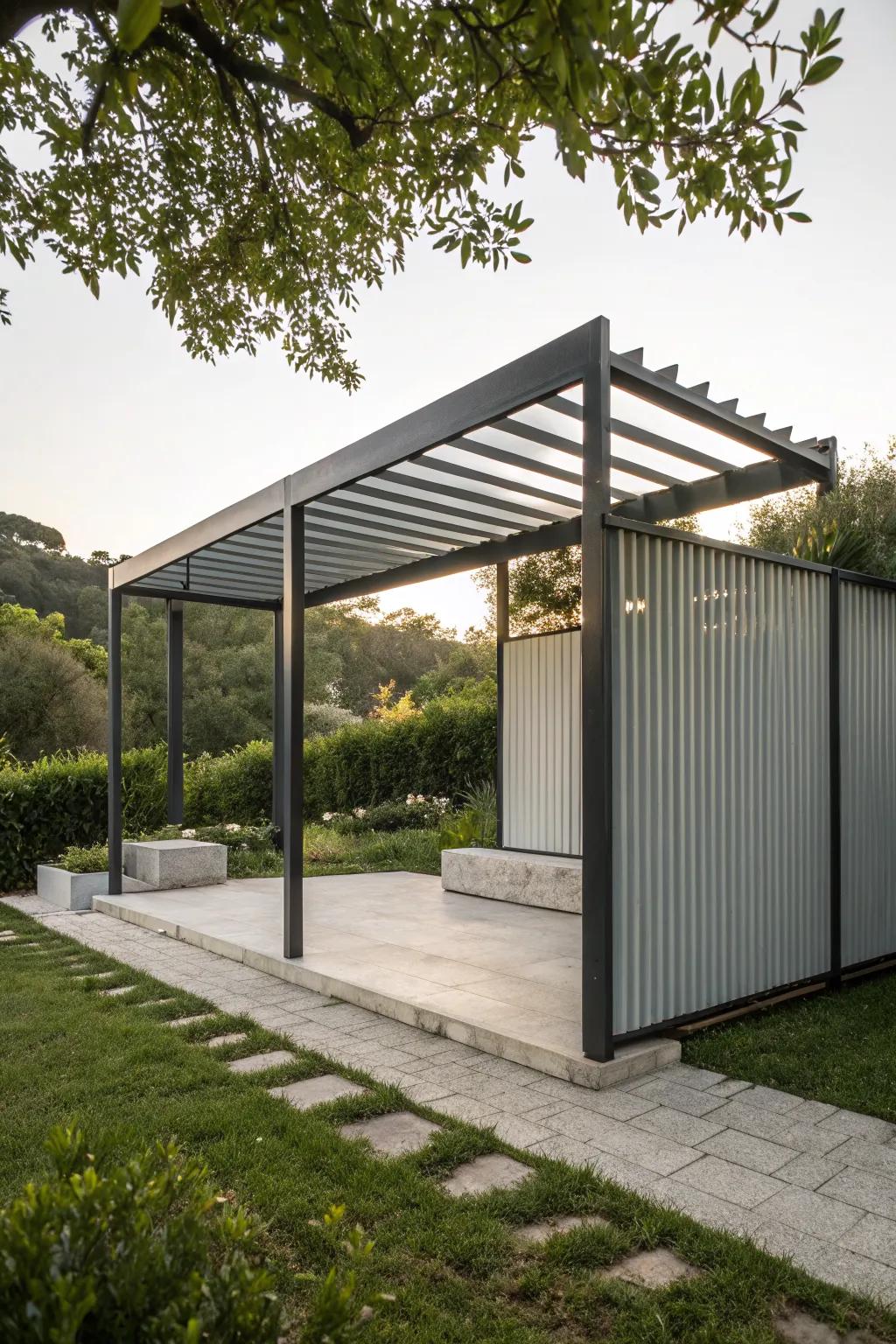 Corrugated metal panels add an industrial edge to your pergola.