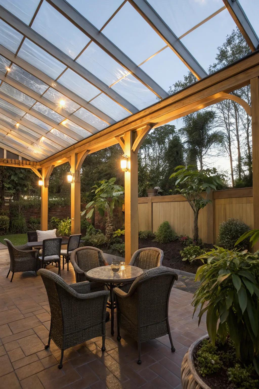 Clear plastic roofing is budget-friendly and bright.