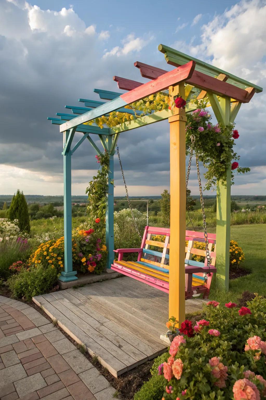 A whimsical color palette brings a playful vibe to a pergola swing.