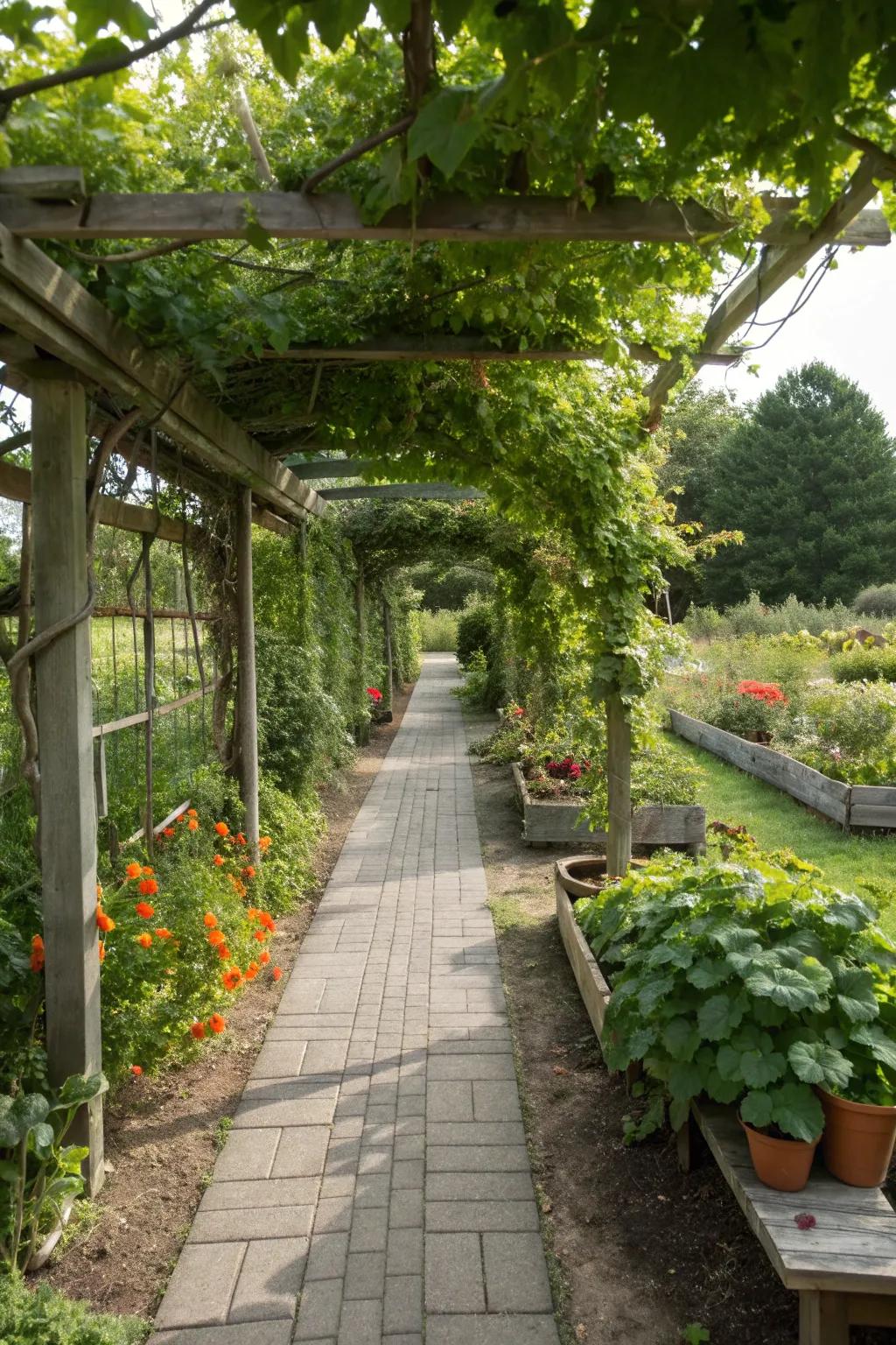 A pergola walkway harmoniously blending with a thriving vegetable garden.