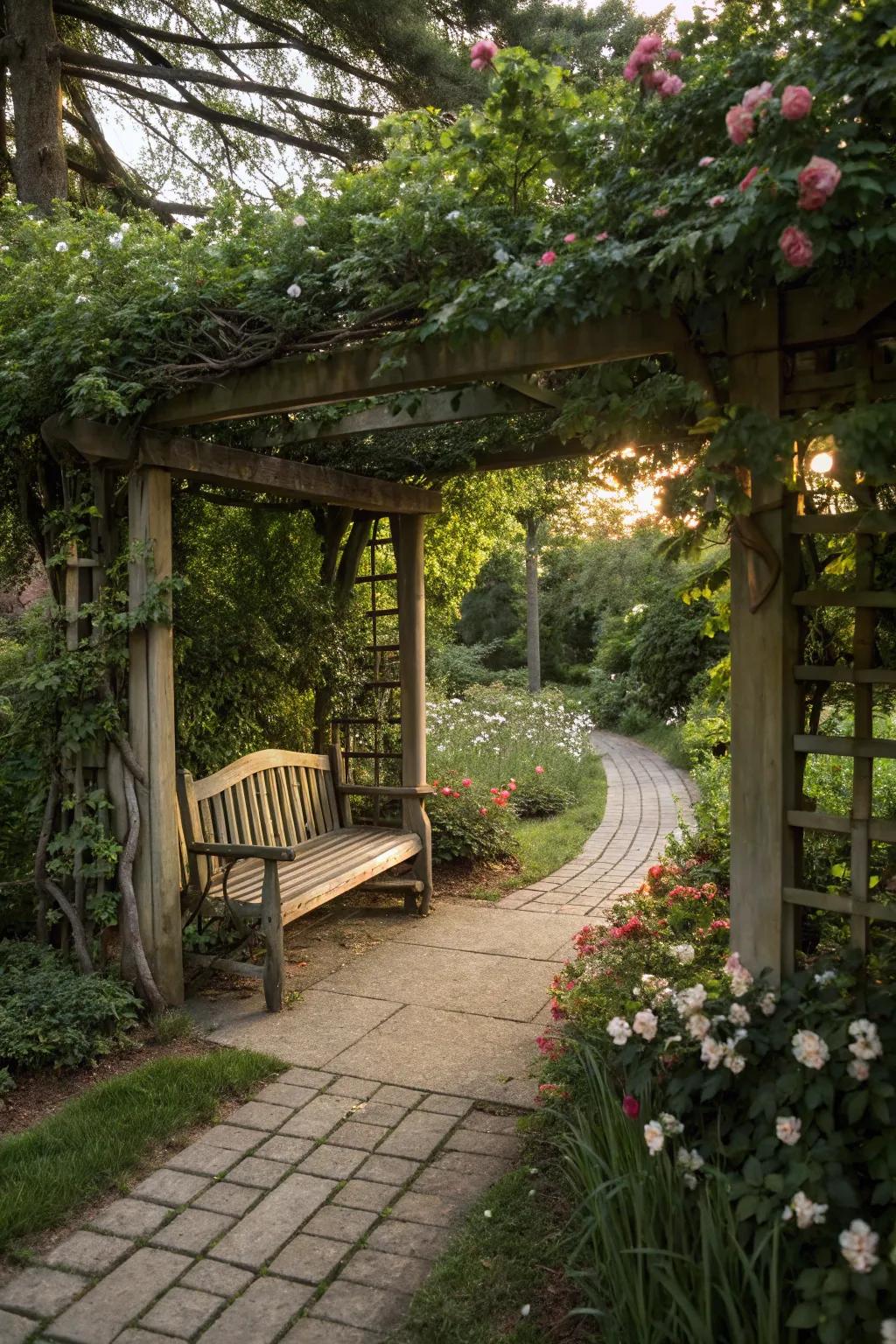 A secluded nook with bench seating under a pergola.