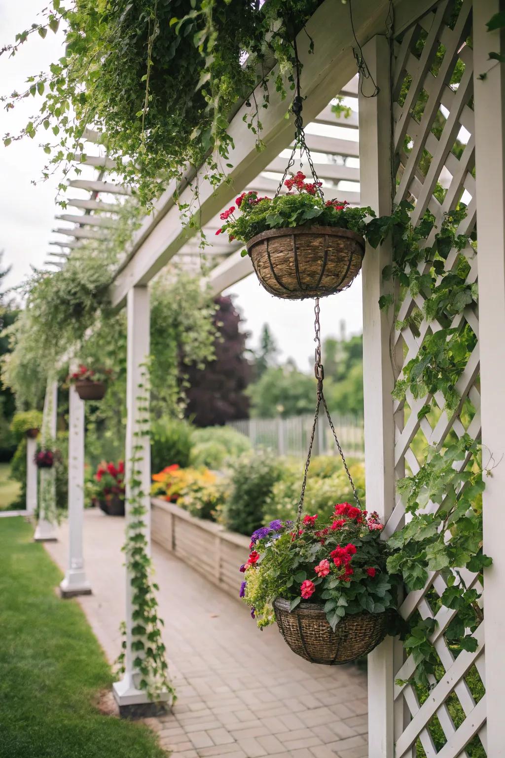 Hanging planters add vertical beauty to your pergola.