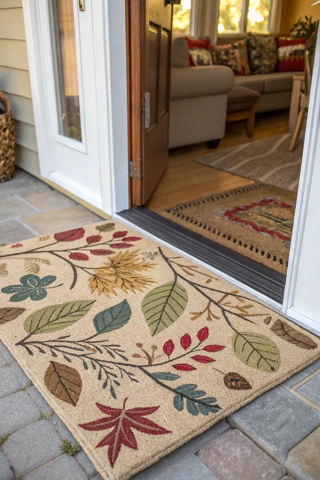 A door mat with nature-inspired motifs celebrating the great outdoors.
