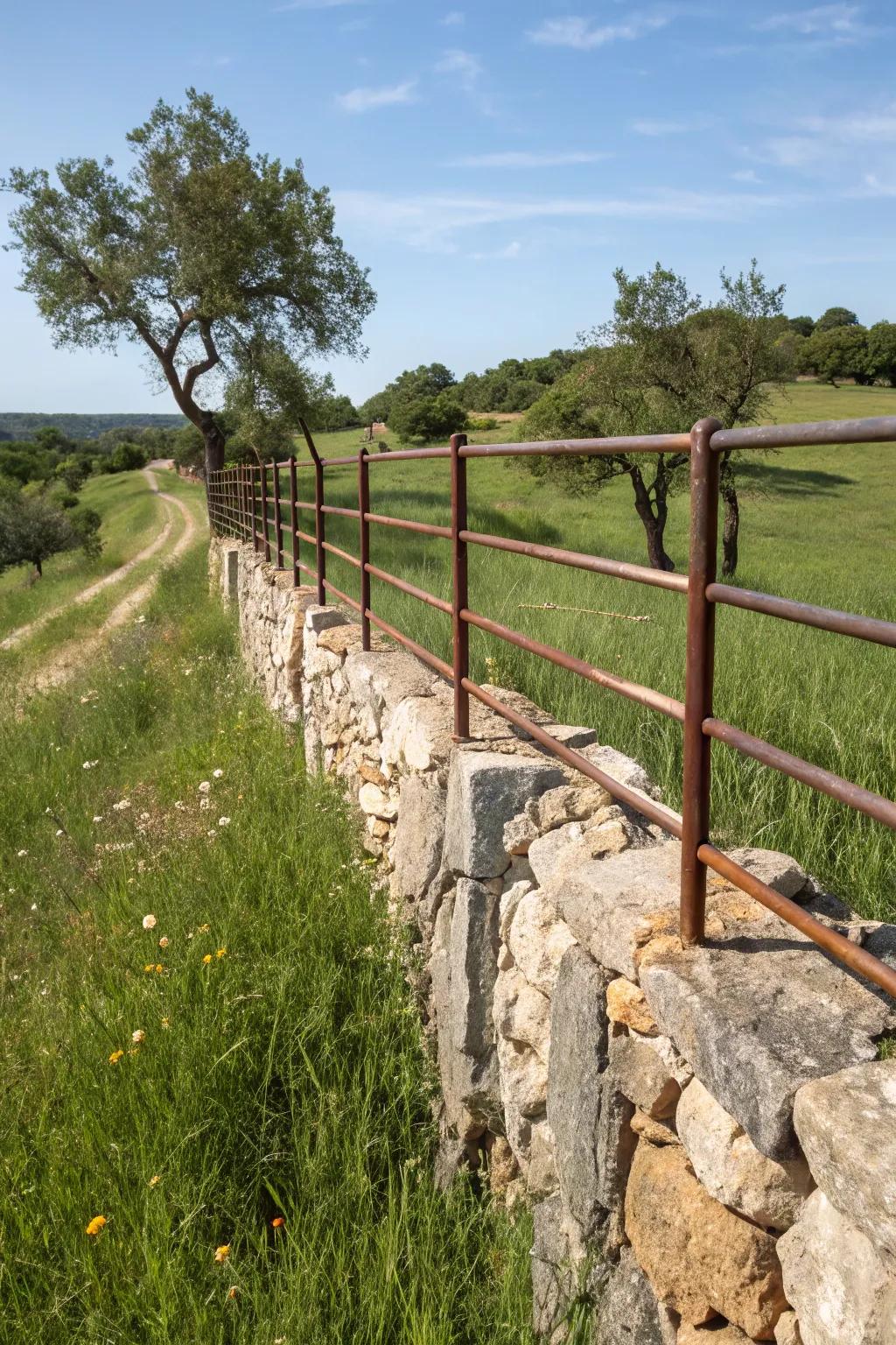 Stone and metal fusion fences offer rustic elegance and lasting durability.