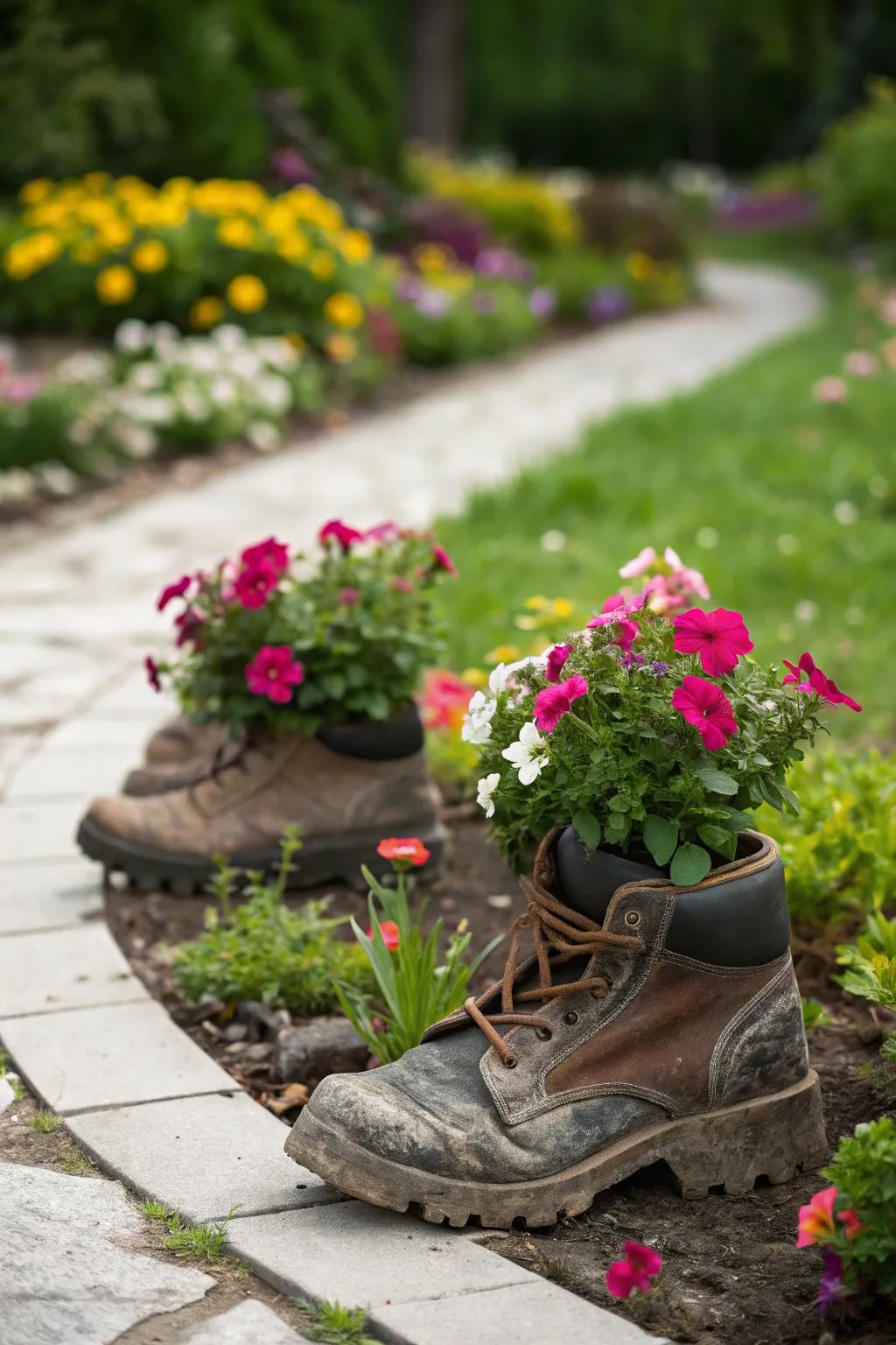 Old boots make quirky and whimsical planters for petunias.