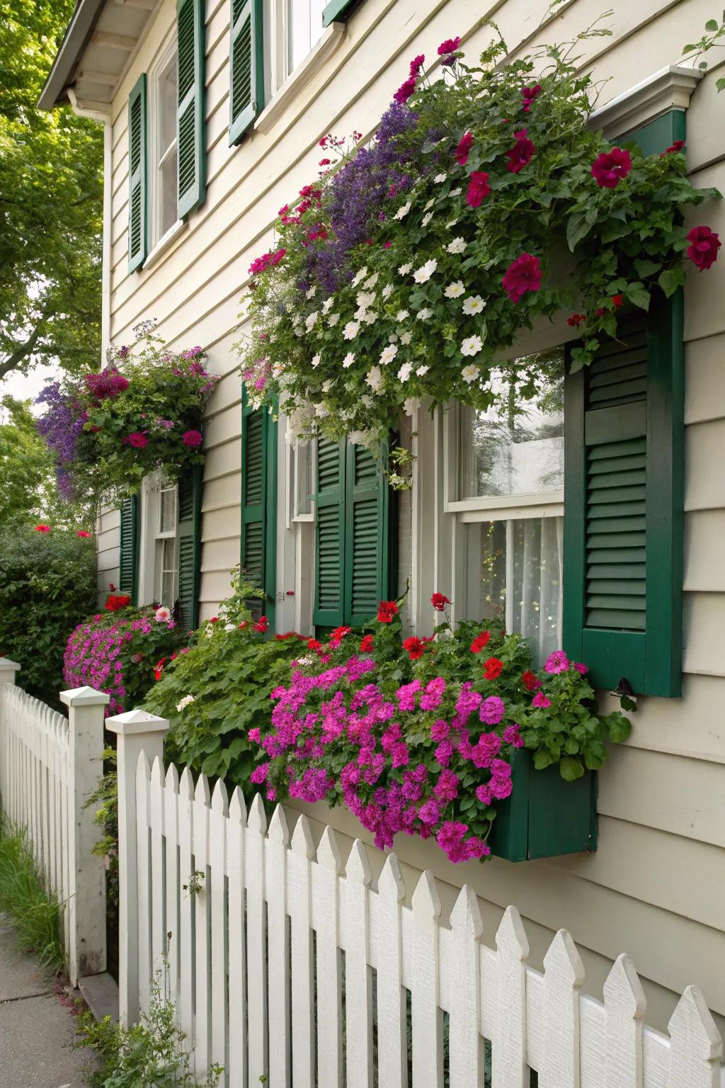 Trailing petunias in window boxes offer a warm, colorful welcome.