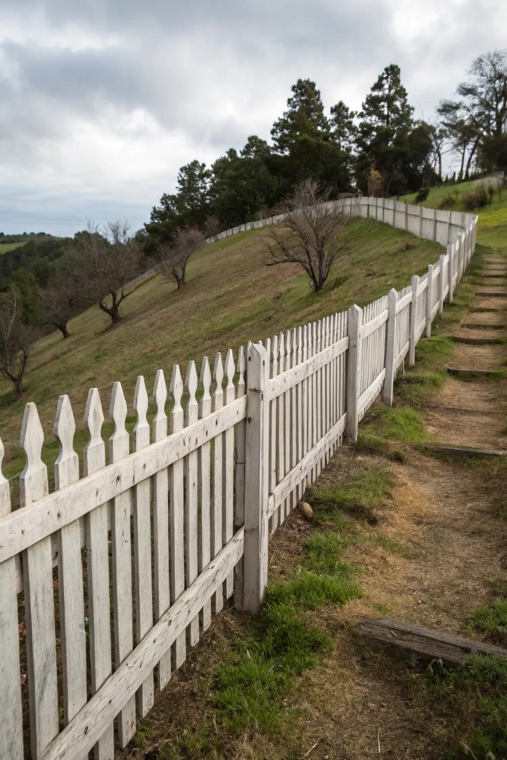 Alternate-sized planks add a playful rhythm to sloped fences.