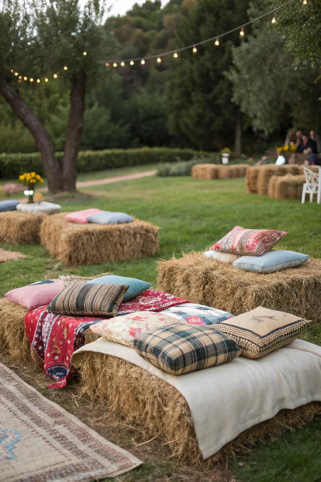 Hay bales providing unique and rustic seating options.
