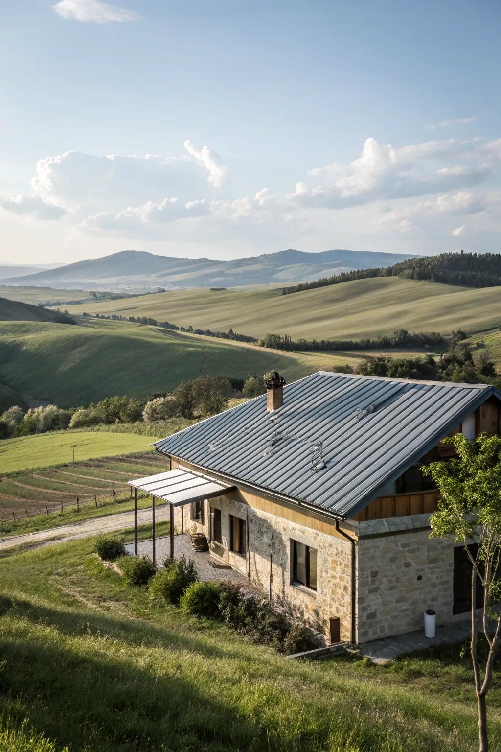 A peaceful rural home with a metal roof, nestled amidst open fields and rolling hills.