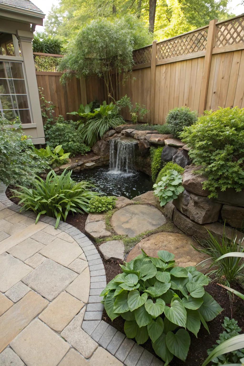 Playful water features add a tranquil element to a pie-shaped backyard.