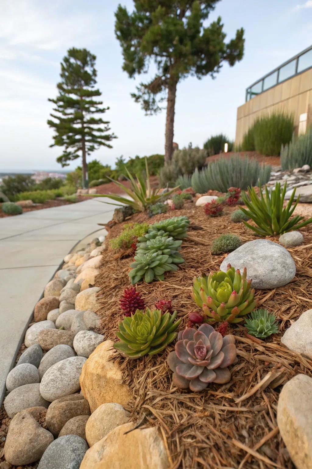 Pine straw and rocks create a stunning, low-maintenance garden.