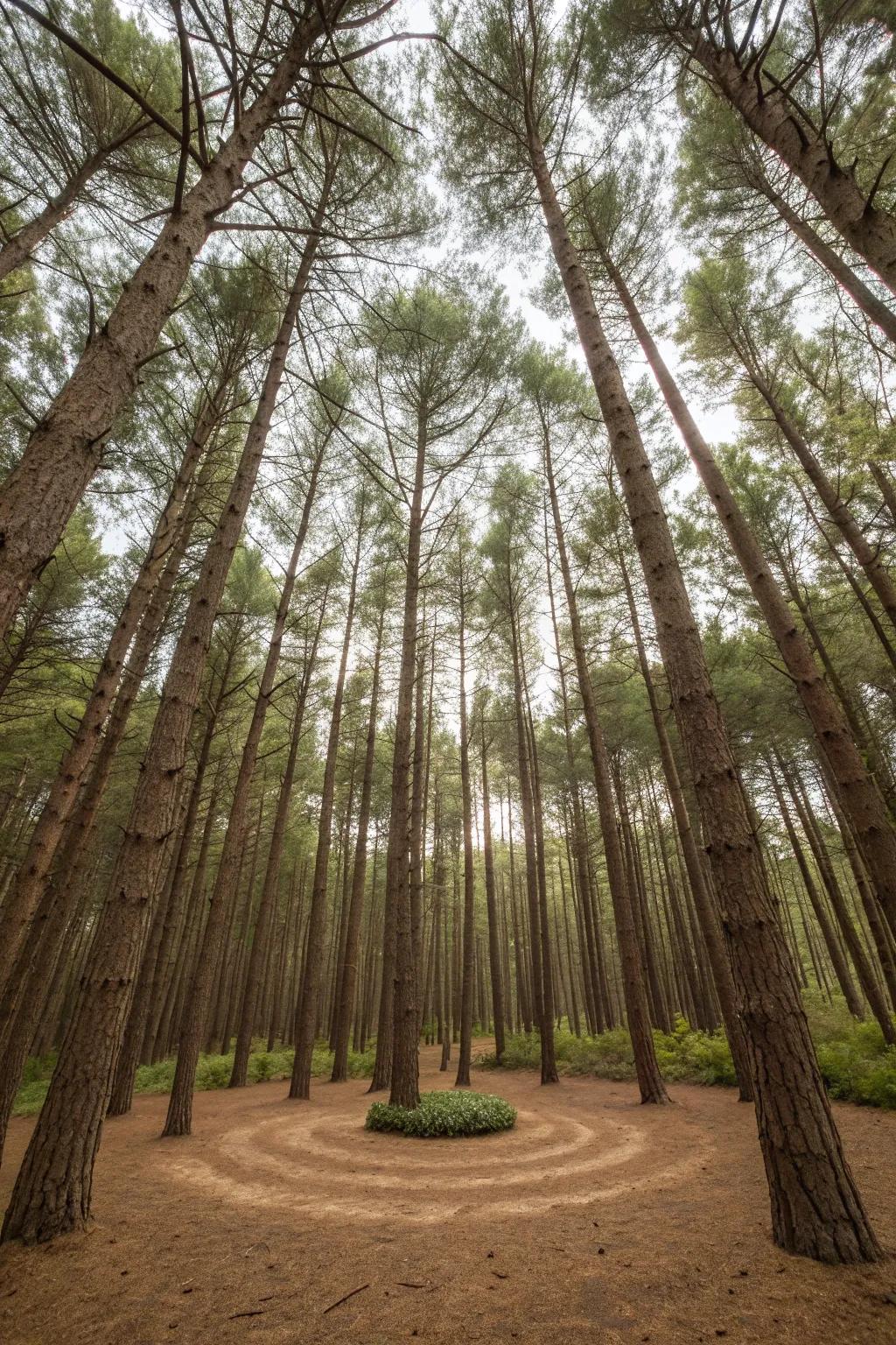 Calm meditation circle surrounded by pines.