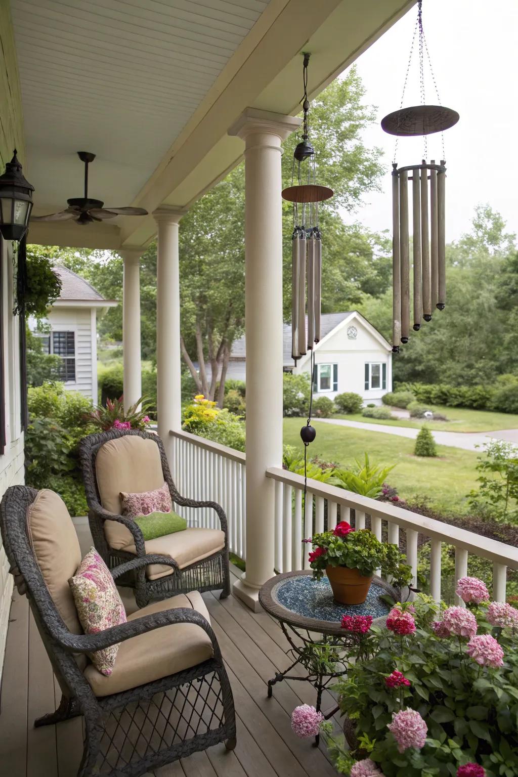 Wind chimes adding soothing sounds to the porch.