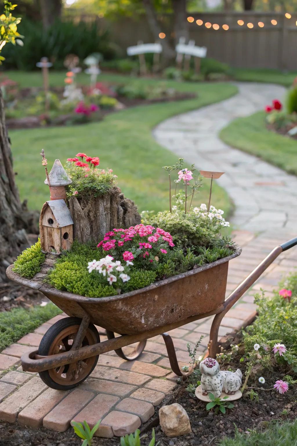 Add magic with a fairy garden in a wheelbarrow.