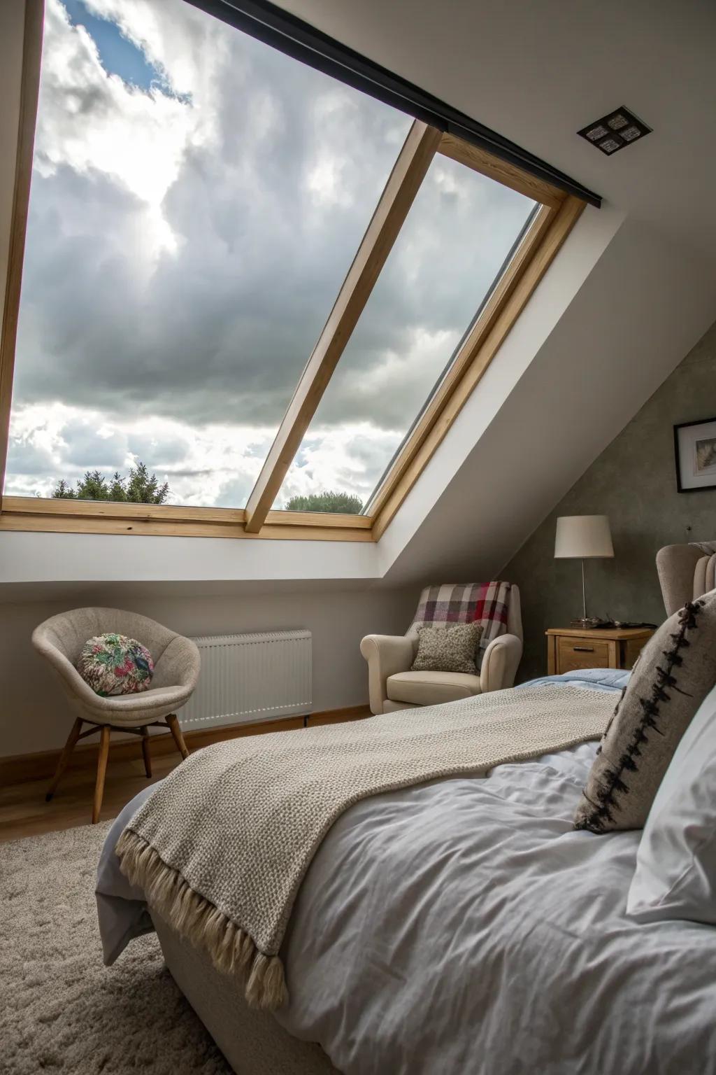 A bedroom enhanced by a serene skylight view.