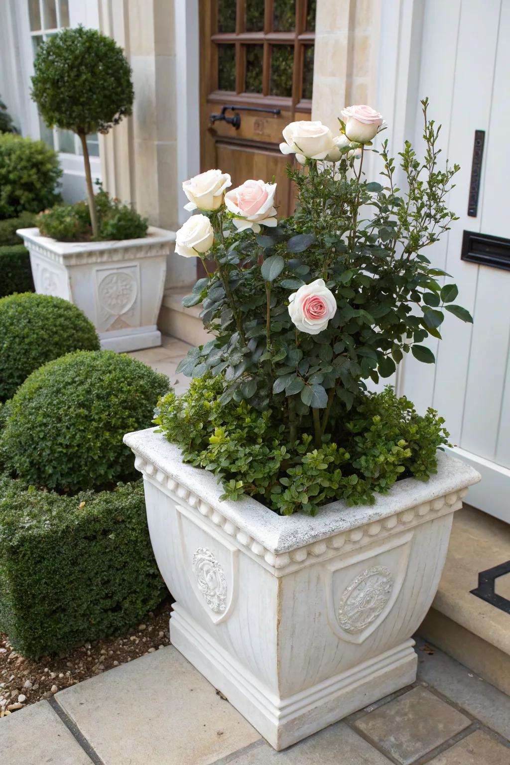 Classic elegance with beautiful roses and structured boxwood.