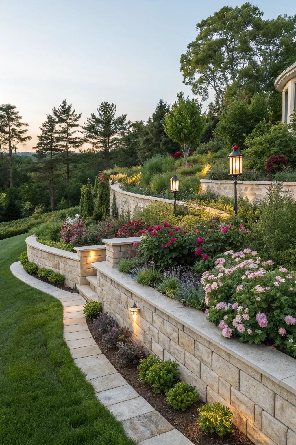 Retaining walls adding structure and seating to a sloped garden.