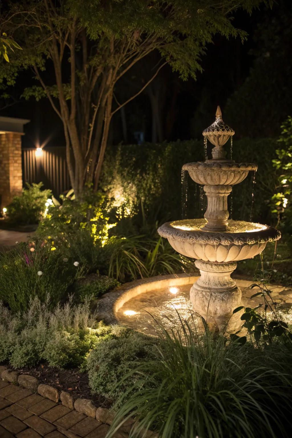 Hidden lighting creates magical nighttime ambiance around fountains.