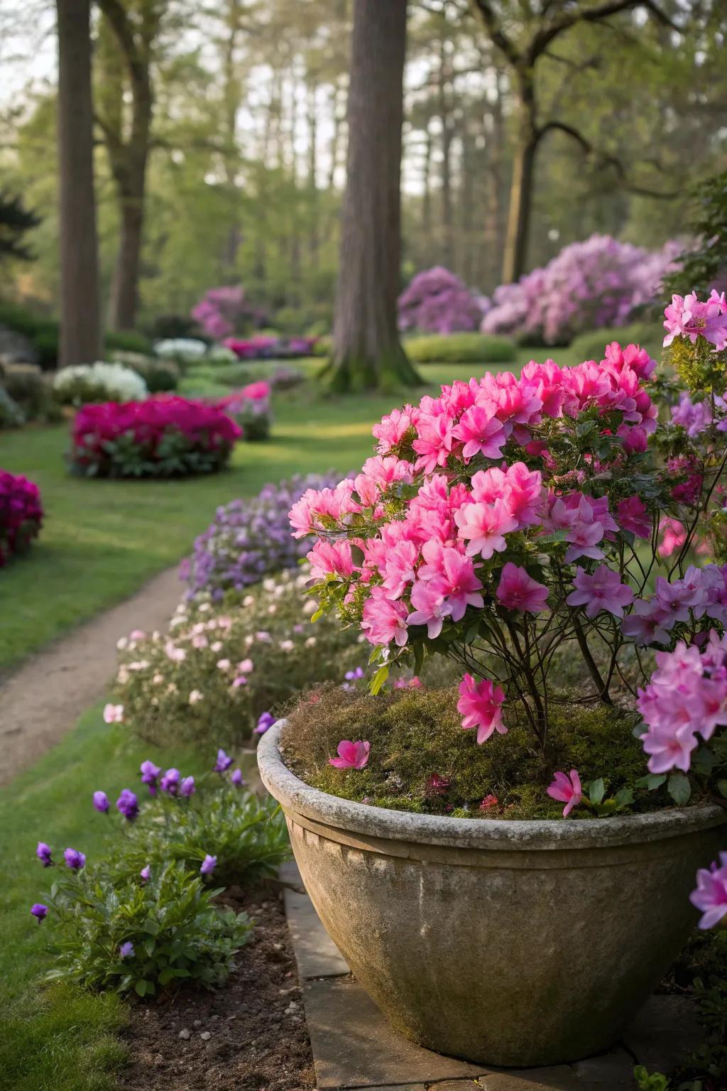 Colorful azaleas in full bloom in a large pot, brightening up the garden.