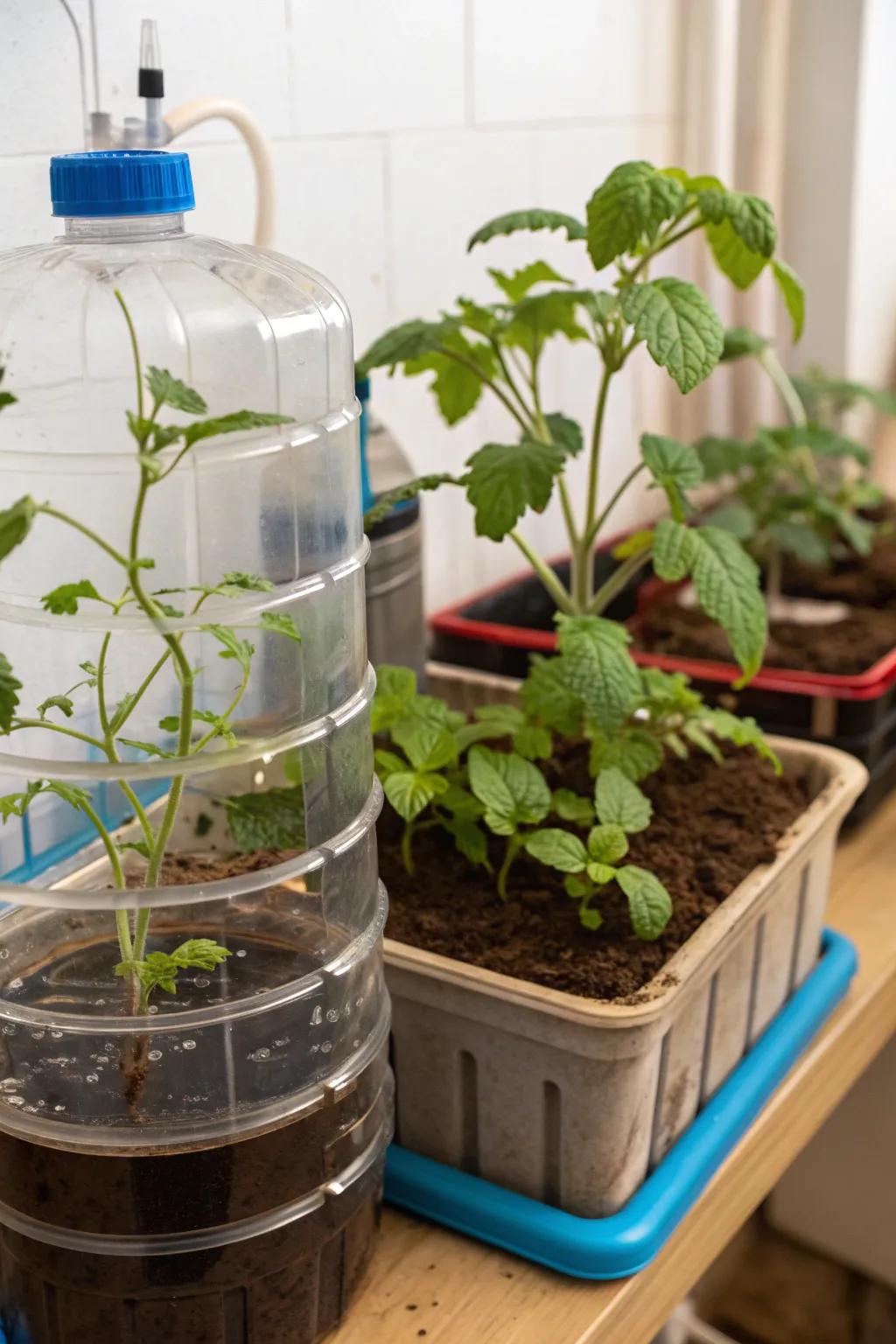 Keep plants hydrated with self-watering plastic containers.