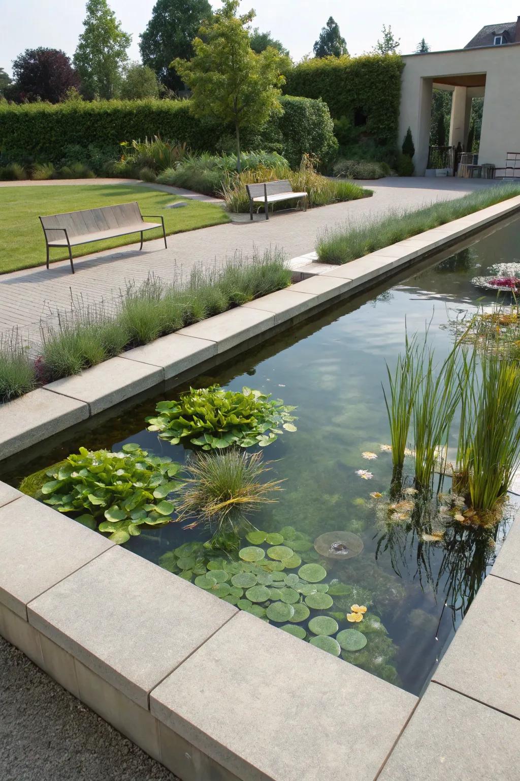 Concrete wall pond providing a sleek and modern aesthetic in a garden setting.