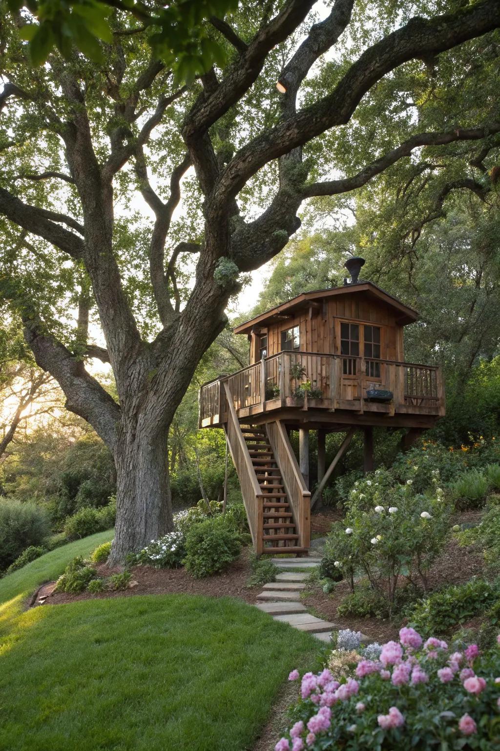 A treehouse retreat offers adventure and breathtaking views from among the treetops.