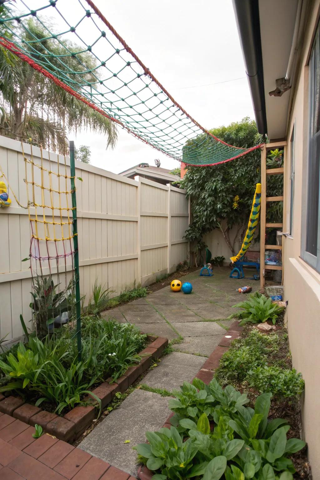 Climbing nets provide exciting challenges in small yards.
