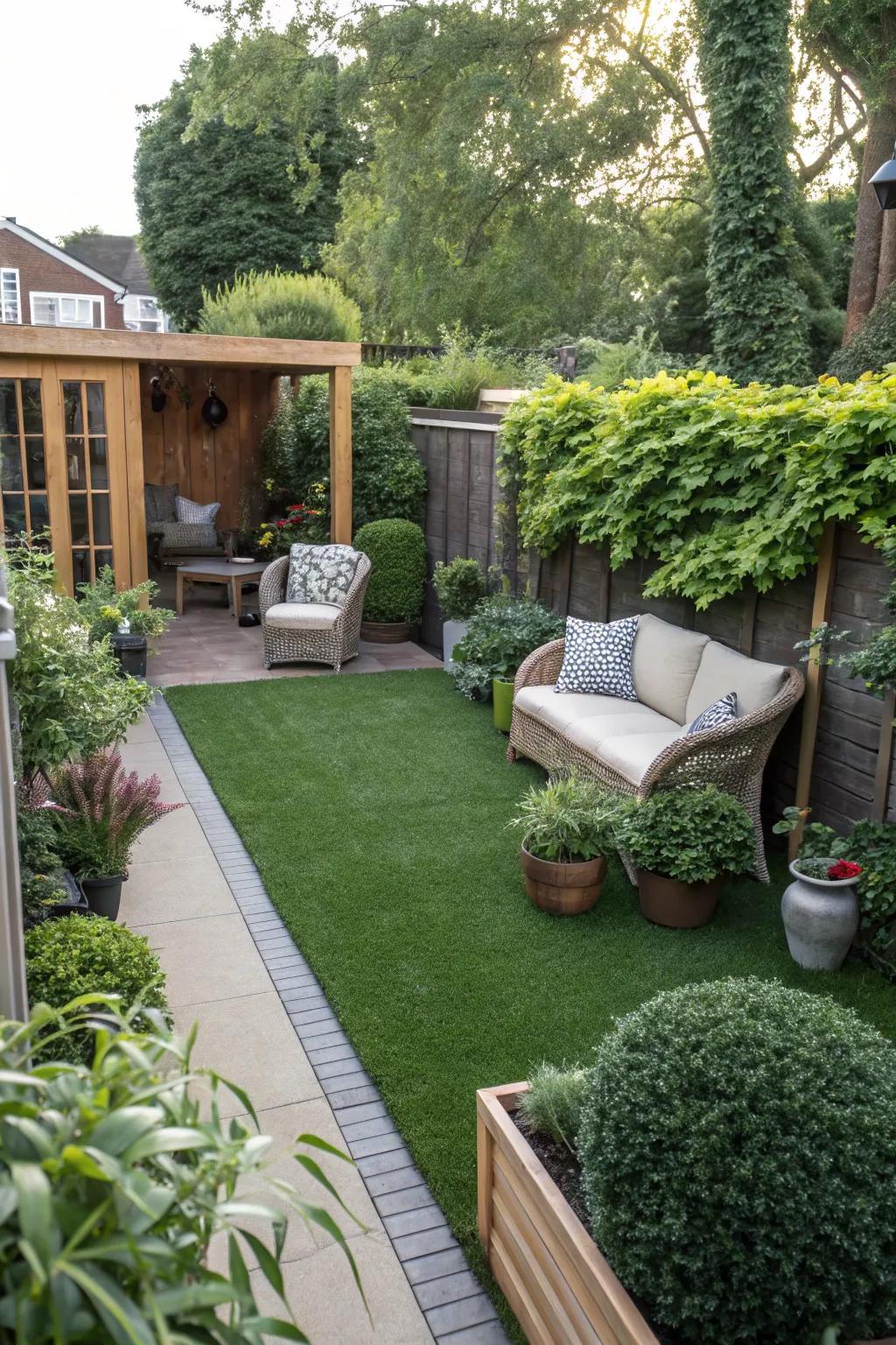 A secret garden nook on turf offers a playful escape.
