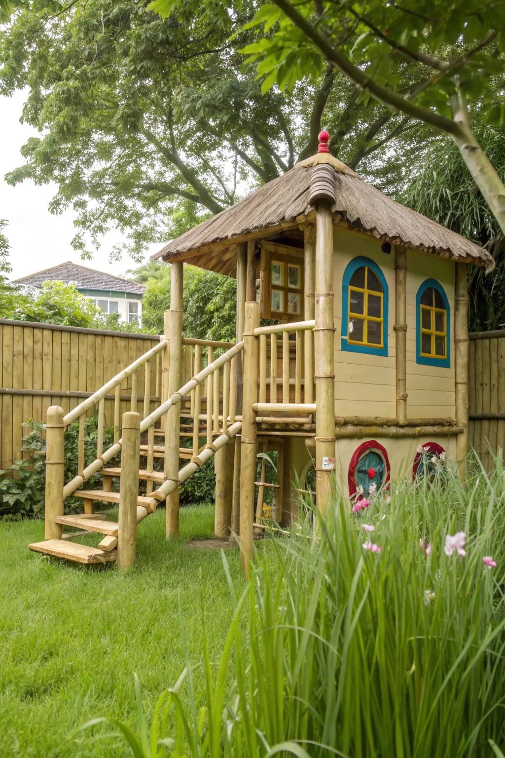 Bamboo accents offer an exotic and eco-friendly touch to playhouse railings.