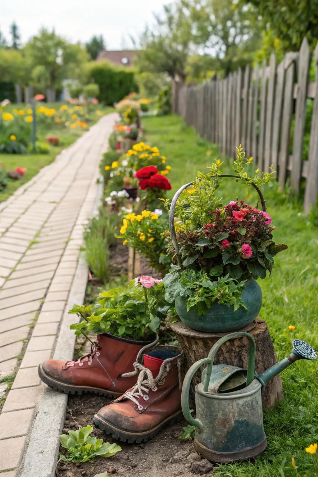 Upcycled planters add personality and charm to pocket gardens.